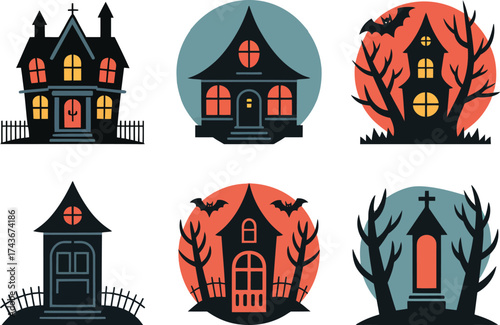 Spooky Halloween Houses With Bats And Trees haunted