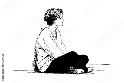 Side view of a thoughtful person sitting cross-legged, hand-drawn ink sketch on white background, conveying solitude and introspection