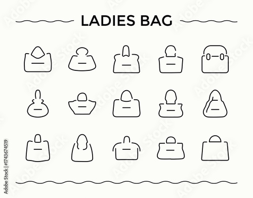Ladies Bag icon set in linear style. Contains such icons as luggage, shopping, shopping shop, handmarket and more. Web icons pack. Editable stroke. Pixel Perfect. Handbag vector line icon set.
