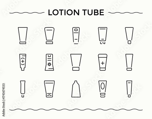 Lotion Tube linear icon set. Drop icon set. Outline icons in linear style. Contains related to gel, moisturizer, package, lotion, perfume, face. Editable stroke vector art.