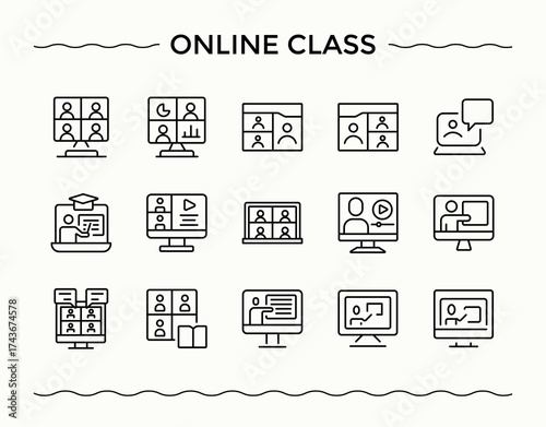 Online Class linear icon collection. Minimalist icons collection. Contain linear sign seminar, learning, study, computer. Vector illustration. Pixel perfect. Tutorial linear icon collection.
