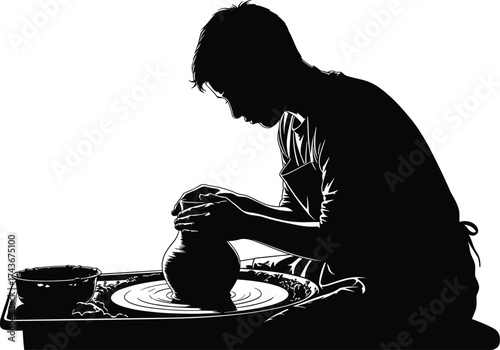 Pottery artist silhouette, clay shaping scene, ceramic wheel illustration, traditional craft concept, cad drawing flat vector illustration