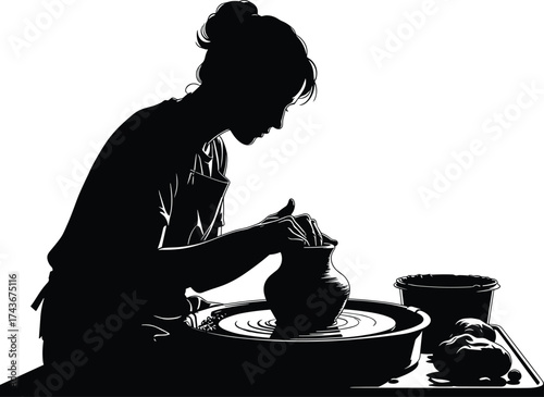 Pottery artist silhouette, clay sculptor at wheel, handmade ceramic craft, artisan workshop scene, cad drawing flat vector illustration