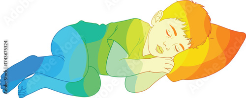Sleeping child side posture, peaceful rest, colorful gradient overlay, thermal comfort zone, cad drawing flat vector illustration, bedtime nap icon
