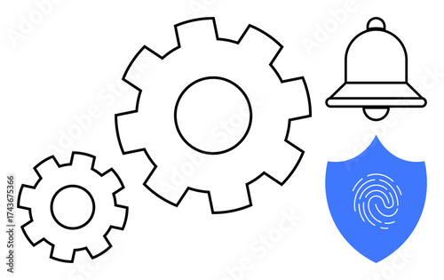Gear wheels symbolize processes, bell highlights notifications or alerts, and shield with fingerprint signifies security or protection. Ideal for technology, cybersecurity, system automation, process