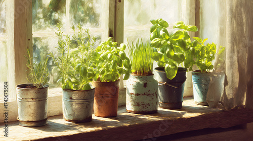 Small pots with fresh herbs on kitchen windowsill bright
