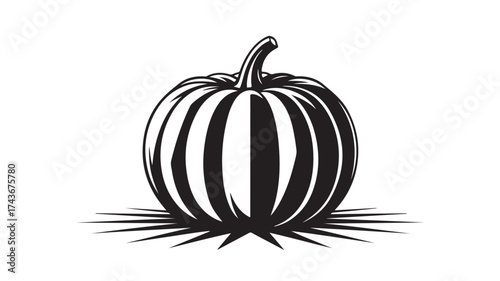 Striking black and white pumpkin graphic with sharp shadow details perfect for Halloween themes and autumnal designs, evoking a bold artistic statement.