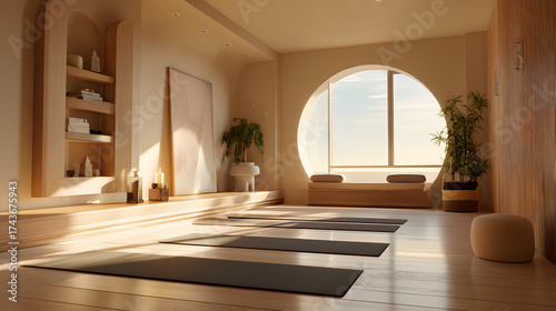 Soft lit yoga studio at home clean design warm and peaceful
