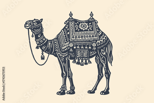 Decorated camel in engraving style vector illustration