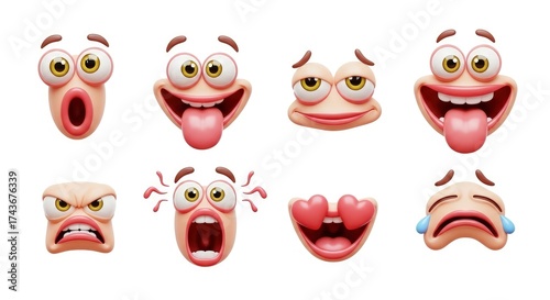 Wallpaper Mural A vibrant collection of eight distinct 3D rendered cartoon facial expressions, playfully designed to convey a wide range of human emotions. Each expressive character, isolated on a clean white backgro Torontodigital.ca