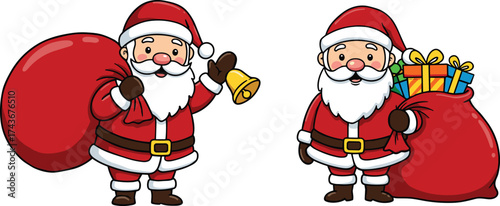 Cartoon Santa Claus with gift sack and ringing bell, Christmas vector for holiday celebration, festive cheer, and seasonal character design