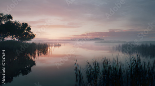 Fototapeta Naklejka Na Ścianę i Meble -  Still lake at sunrise mist above water minimalist landscape