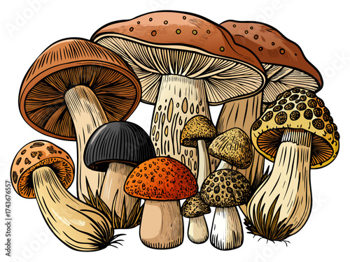 Brown and white mushrooms growing on green grass in a natural forest setting illustration.