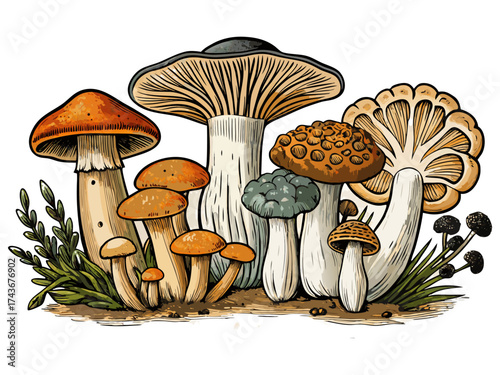 Brown and white mushrooms growing on green grass in a natural forest setting illustration.