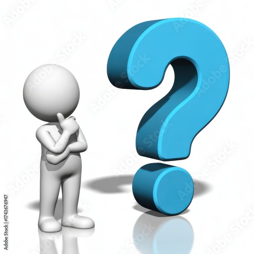 Confused stick figure contemplating a large blue question mark symbolizing inquiry and decision