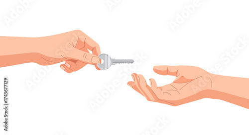 Vector illustration depicting a key handover between two hands over a white background