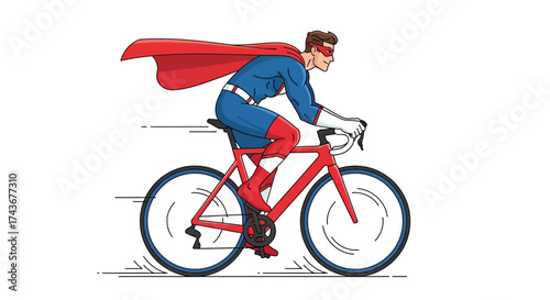 Superhero on a Bicycle, Comic Book Style Illustration of a Cycling Superhero in Action Against