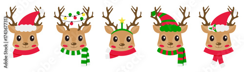 Christmas reindeer head collection with hats and scarves. Cute cartoon deer faces decorated with lights and stars. Holiday character in flat winter style