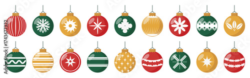 Christmas bauble ornament collection in red, green and gold. Decorative hanging balls with festive patterns and shiny surfaces