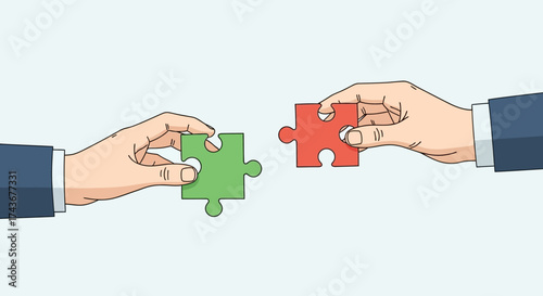 Hands connecting jigsaw pieces representing teamwork and collaboration to achieve success in