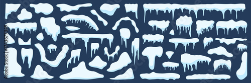Snow cap and icicle collection with cold winter shapes. Frozen white layers forming frost edges and drips. Great for seasonal design, banners, or game decoration