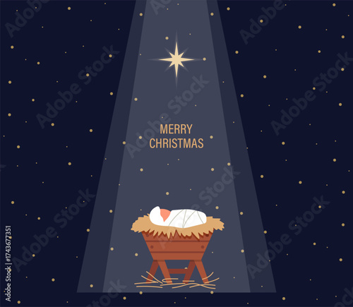 Nativity christmas scene with baby in the manger under shining star. Peaceful night illustration representing birth of Jesus. Designed in minimal flat spiritual style