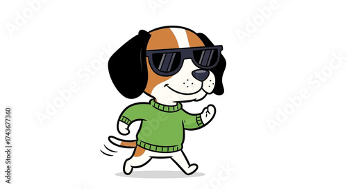 Cartoon illustration of a beagle dog wearing sunglasses and a green sweater walking happily
