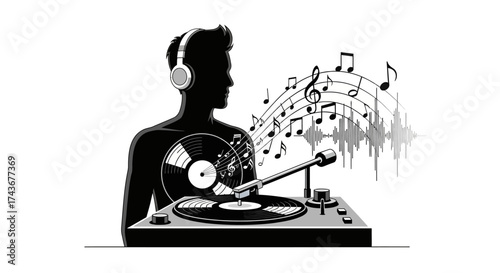Silhouette of a person listening to music through headphones playing on a turntable