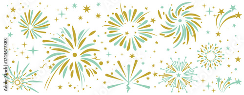 Firework with golden and turquoise sparks. Festive explosion of stars and lights for New Year celebrations