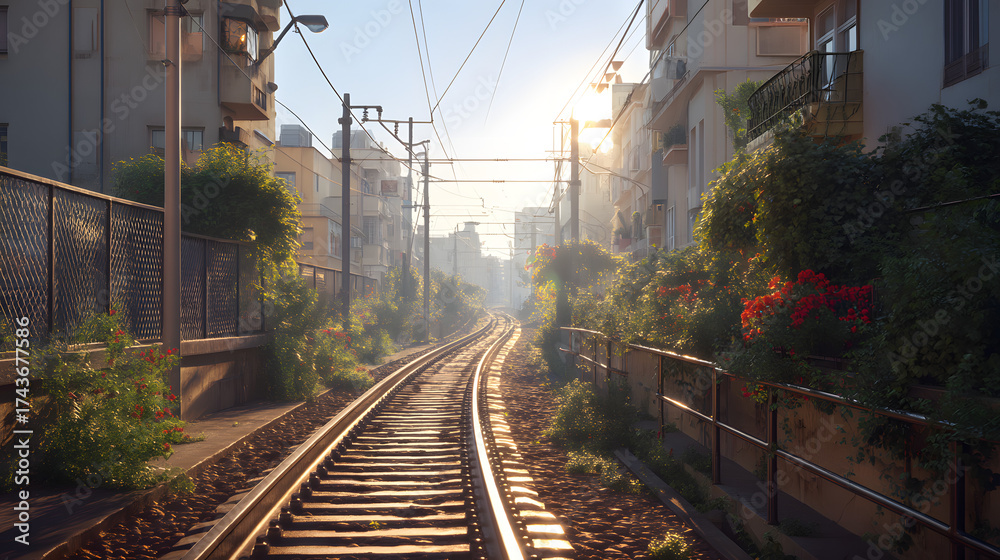 Fototapeta premium Urban rail tracks disappearing into city sunlight