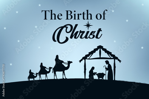 Nativity silhouette showing the birth of Christ. Holy family scene with wise men and the Star of Bethlehem on blue background