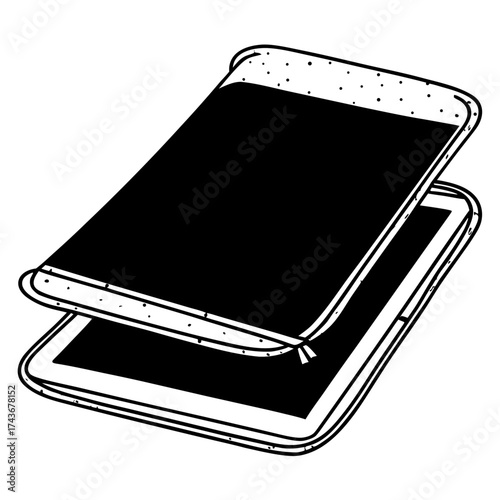 Two black and white tablets stacked with one slightly open showing the screen and dotted border design