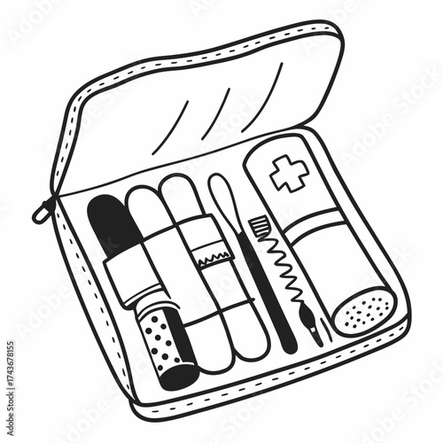 Open toiletry bag with visible contents including toothbrush and first aid kit in black and white style