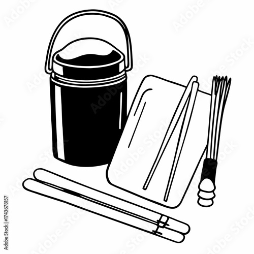 Still life illustration of a bucket, cutting board, chopsticks and whisk in black and white style