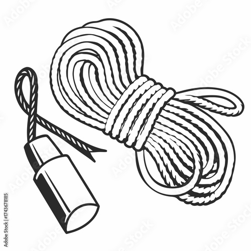 Illustration of a coiled rope with a pull cord and handle on a white background in black and white style