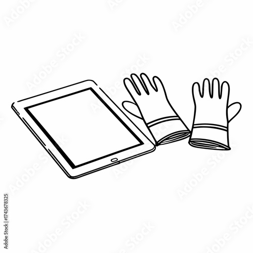 Illustration of a tablet device with a blank screen next to a pair of gloves on a white background