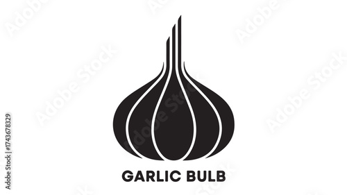 Bold black graphic silhouette of a garlic bulb with clean lines, perfect for culinary branding, healthy eating concepts, and food ingredient design projects