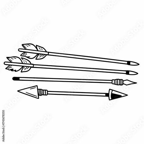 Four stylized arrows with different arrowheads and fletchings in a black and white drawing style