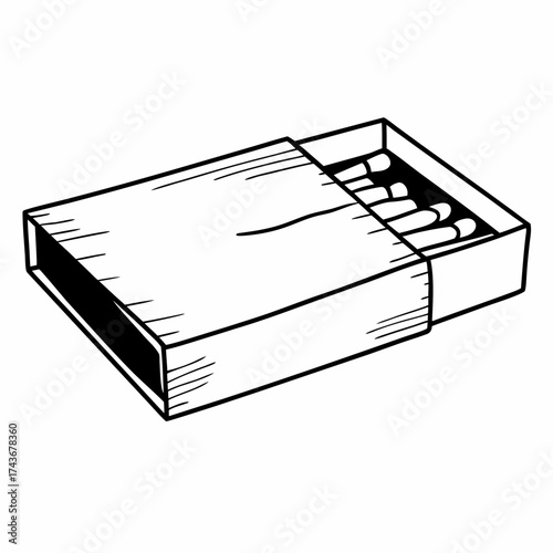 Illustration of a matchbox with several matches partially pulled out in a monochrome drawing style