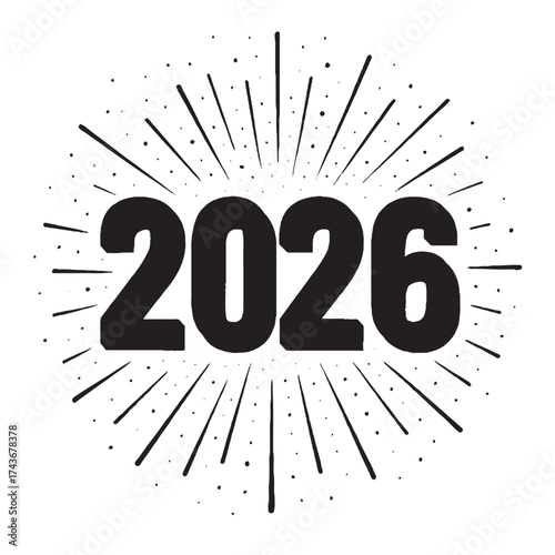 Bold 2026 Typography with Radiant Burst Lines | Modern New Year Graphic Design in Black & White