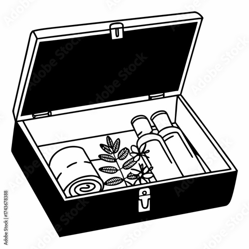 Open black box containing rolled towel, leafy branch, and two bottles in a black and white drawing