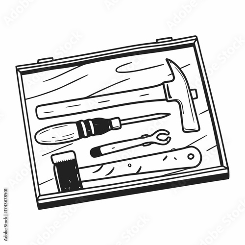 Illustration of a wooden tool box containing a hammer, screwdriver, and other hand tools inside it