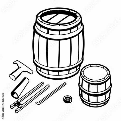 Illustration of two wooden barrels with staves and hoops surrounded by barrel making tools on white