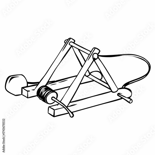 Illustration of a simple wooden catapult with a projectile ready to be launched on a white background