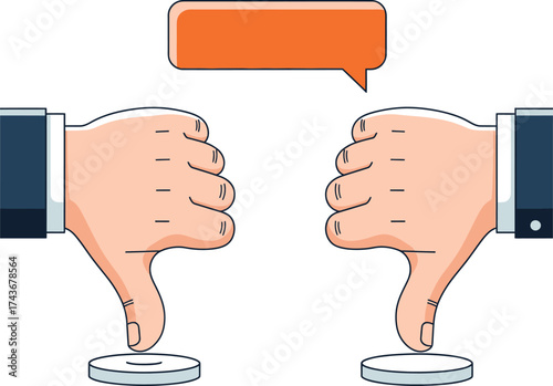 Two businessmen give disapproving feedback with thumbs down showing negative criticism and disagreement