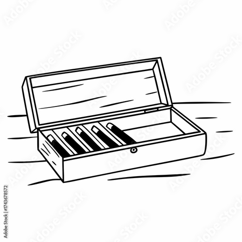 An open wooden humidor box filled with cigars resting on a surface in a black and white illustration