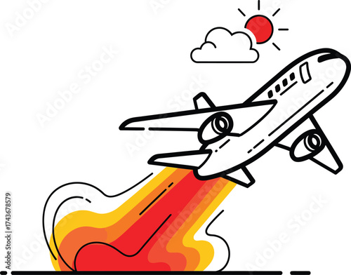 A powerful airplane takes flight towards the sun showcasing aviation travel with fiery jet propulsion