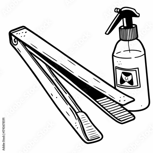Illustration of a hair straightener and a spray bottle with a label in a black and white style