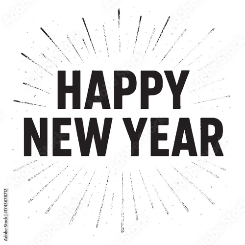 Bold Happy New Year Text with Radiating Burst Rays for Holiday Celebration and Greeting Design