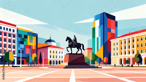 Illustration Of Skanderbeg Square With Horse Statue And Modern Colorful Buildings Bright Atmosphere Vector Design Template